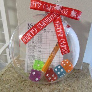Yahtzee Ornament with Dice and Merry Christmas Ribbon